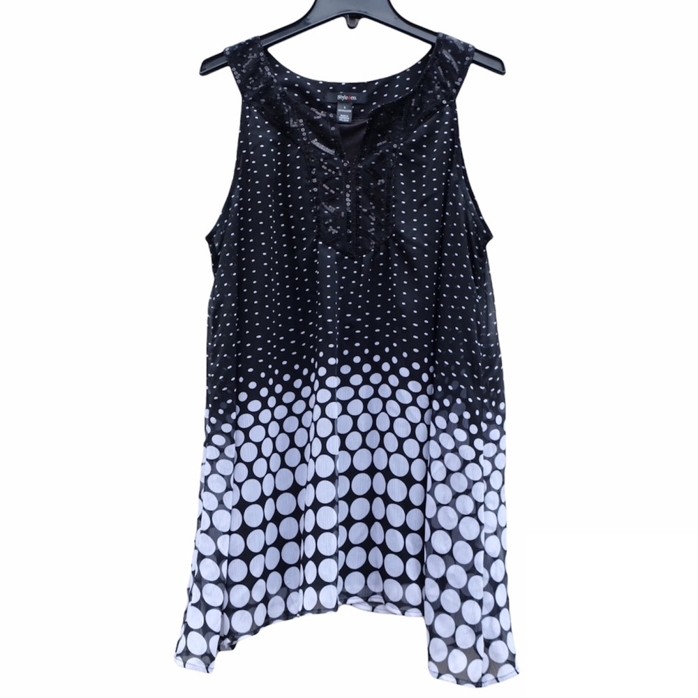 Style & Co Sequined Polka Dot B&W Flowy Sleeveless Blouse Scoop Neck Top L